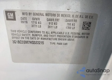 2017 Chevrolet Cruze Ls Auto из США, поврежденный, VIN 3G1BC5SM7HS522215